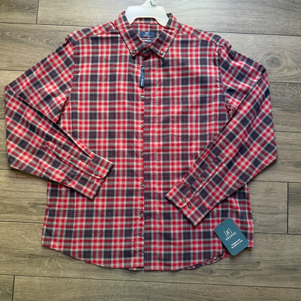George Mens XL Classic Fit Red Navy Plaid Stretch Long Sleeve Button Down‎ Shirt